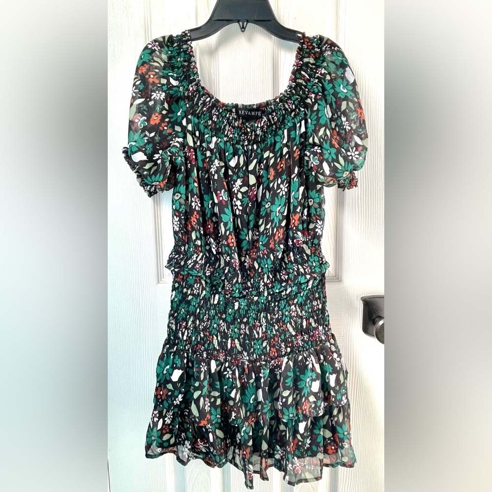 Cute Revamped Black Floral Smocked Midi with Green and Rust Accents